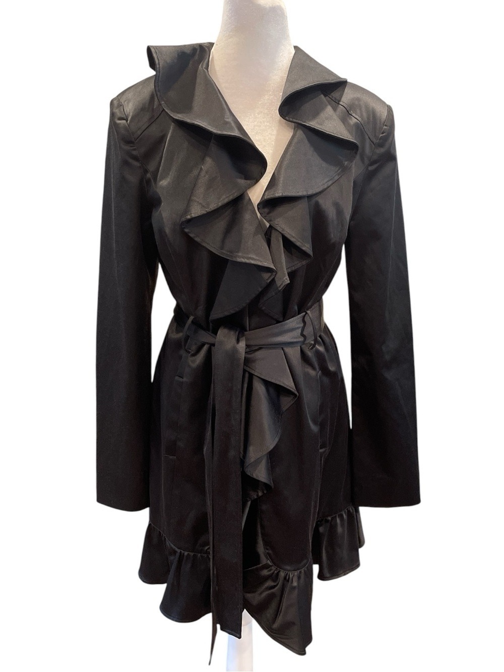 Bebe Black Ruffle Trench Coat Dress Jacket L Belted Lined